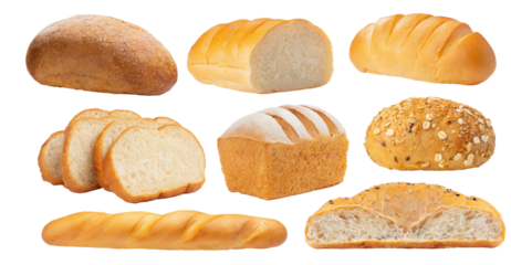 Set of fresh bread , loaf,  side view ,Isolated on a transparent background. PNG, cutout, or clipping path.	
