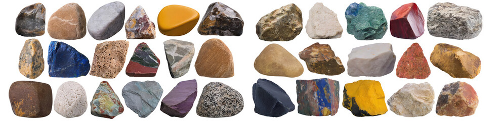 Set of different stones isolated on white transparent png background, cutout, clipart.