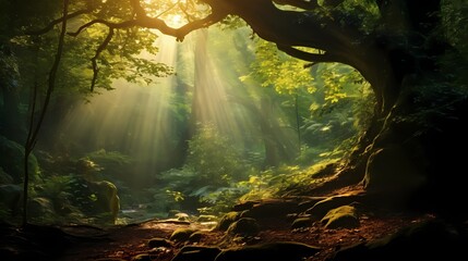 Sunlight filtering through the branches of a tree in a dense and enchanting forest