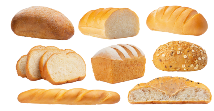 Set of fresh bread , loaf,  side view ,Isolated on a transparent background. PNG, cutout, or clipping path.	
