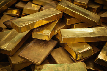 Golden bars are piled up in a pile