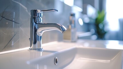 Modern bathroom with stylish chrome faucet mounted on a white sink with soft lighting
