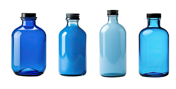 set blue glass bottle with black lid, isolated on a transparent background. PNG cutout or clipping path.	
