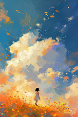 A painting of a girl walking across a patch of cloud.