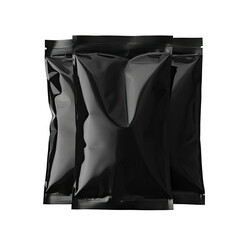 Set of black blank foil food pack bag packaging collection isolated transparent background, PNG , 