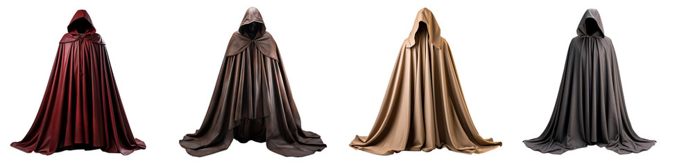 set of Realistic cloak, red, brown and silk costumes, full ,front view without people ,Isolated on a transparent background. PNG, cutout, or clipping path.	
