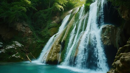 The view of the waterfall is very beautiful - obrazy, fototapety, plakaty