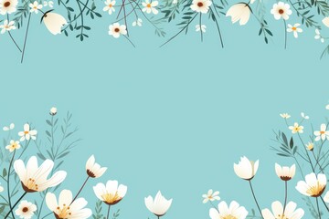 Naklejka na ściany i meble cute cartoon flower border on a light turquoise background, vector, clean