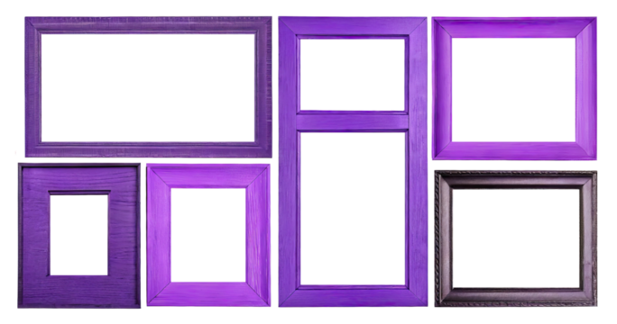 collection of empty wooden violet vintage frame , isolated on a transparent background. PNG, cutout, or clipping path	
