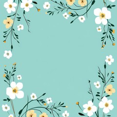 Naklejka na ściany i meble cute cartoon flower border on a light turquoise background, vector, clean