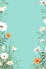 cute cartoon flower border on a light turquoise background, vector, clean