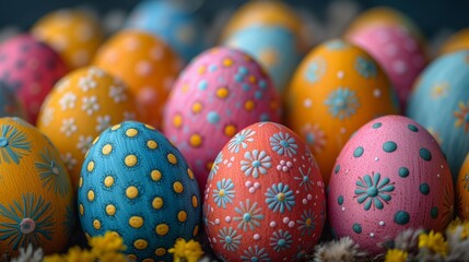 Fototapeta na wymiar Close Up of Colorful Easter Eggs Arranged Together