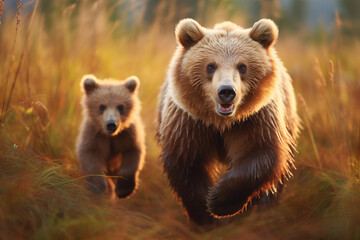 Obraz premium female brown bear and her cubs