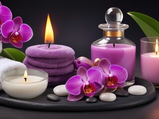 Fototapeta na wymiar Beauty in Tranquility: Aromatherapy and Serenity Spa Escape with Massage Pebbles, Orchid Blooms, and the Soft Glow of Burning Candles