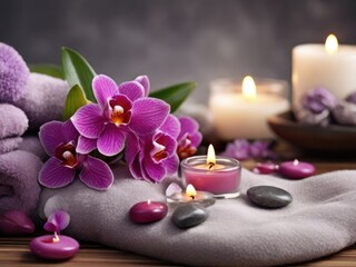 Obraz na płótnie Canvas Beauty in Tranquility: Aromatherapy and Serenity Spa Escape with Massage Pebbles, Orchid Blooms, and the Soft Glow of Burning Candles