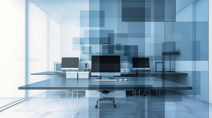 Fototapeta na wymiar Business Office Interior with Modern Design, Computer Desk, and Stylish Chairs in a Corporate Environment