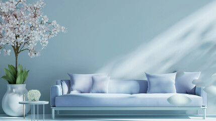 Sala de estar com sofá azul claro e vaso de flores - obrazy, fototapety, plakaty