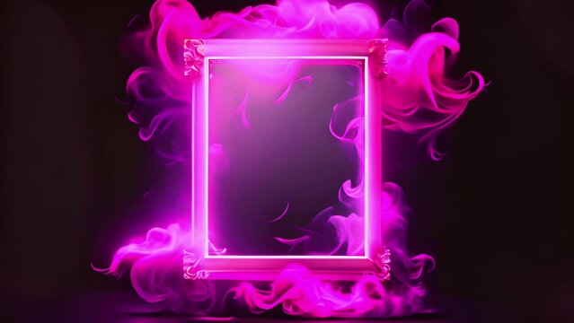 Bright neon colour empty photo frame with flaming floating smoke mist fog clouds on black background. Mystical fantasy concept