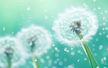 dandelion flower with water droplets on light green background