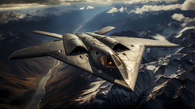 Stealth bomber flying at high altitude with a stunning view of the Earth below