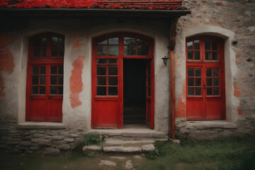 Concept photo shoot of close up an old stone village with red windows