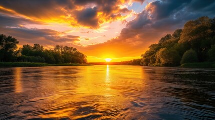 Beautiful landscape with sunset or sunrise dawn or dusk over the peaceful calm still river waters and yellow sky and water reflection with clouds - obrazy, fototapety, plakaty