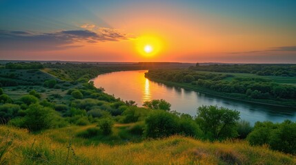Beautiful river valley landscape with sunset or sunrise dawn or dusk over the peaceful calm still waters and blue and yellow sky horizon - obrazy, fototapety, plakaty