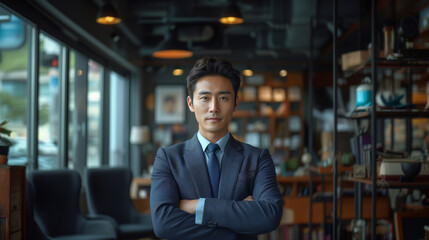 Portrait of a modern professional Korean man wearing a business suit with a blur modern urban background.