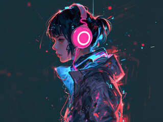Cyberpunk style portrait of a girl with neon headphones.
