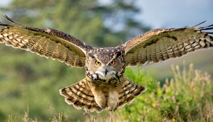 eagle owl in flight, bubo bubo - obrazy, fototapety, plakaty