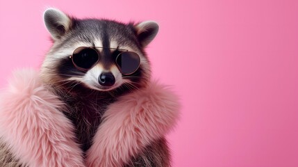 Obraz premium Portrait of a raccoon with sunglasses on a pink background.