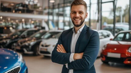 Handsome young man standing with crossed arms in car showroom