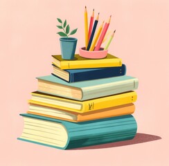 colorful stack of books, with plants and pen on the white background.  a pile of books and a flower