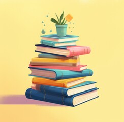colorful stack of books, with plants and pen on the white background.  a pile of books and a flower