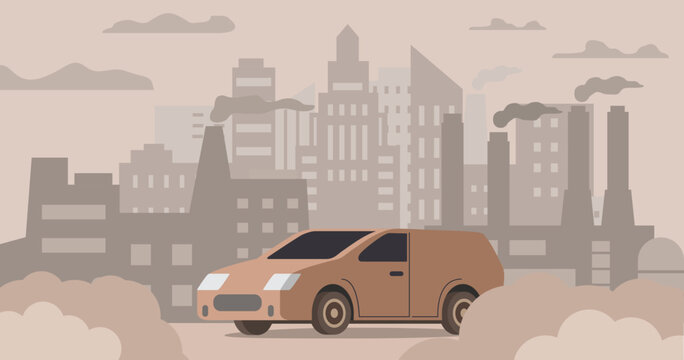 Truck air pollution.Road smog.Industrial carbon dioxide cloud.Polluted air environment at city.Atmospheric pollution.Bad urban environment.Contamination problem.Vector flat illustration.