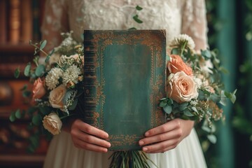 Illustration of a hand holding a wedding program with elegant details