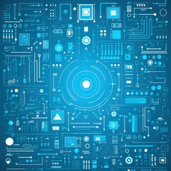 Cyan-blue abstract technology background using tech devices and icons