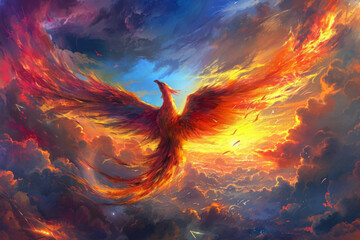 A beautiful colored painting of the phoenix rising in the sky. - obrazy, fototapety, plakaty
