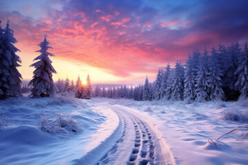 Photo of sunrise over snowy roads.