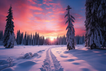 Photo of sunrise over snowy roads.