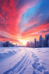 Fototapeta na wymiar Photo of sunrise over snowy roads.