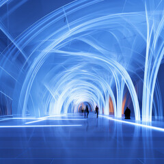 Glowing blue lineart architectural form, white background.