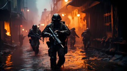 Tactical ground forces engaged in a simulated urban warfare scenario, showcasing modern military infantry equipment - obrazy, fototapety, plakaty