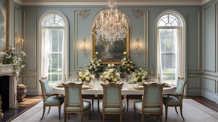 Fototapeta na wymiar Timeless and elegant formal dining room with impeccably painted walls, setting the stage for memorable gatherings