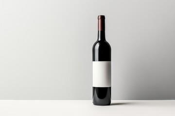 single bottle of red wine with a blank copy space label sits on a counter against a gray background.