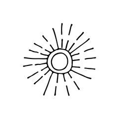 The sun, a huge hot ball. Sunbeams. Doodle. Vector illustration. Hand drawn. Outline.