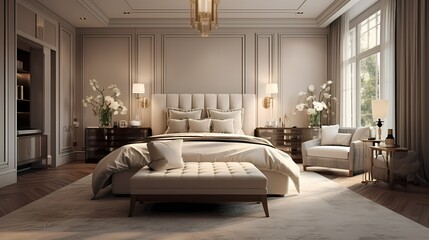 Timeless bedroom featuring luxurious fabrics, muted tones, and subtle lighting accents