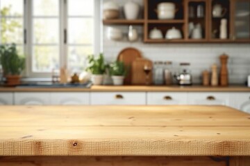 Wood table top on blurred kitchen background. can be used mock up for montage products display or design layout. generative ai.