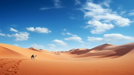 Fototapeta na wymiar Timeless desert panorama with a solitary camel caravan crossing the vast sandy expanse under a clear blue sky