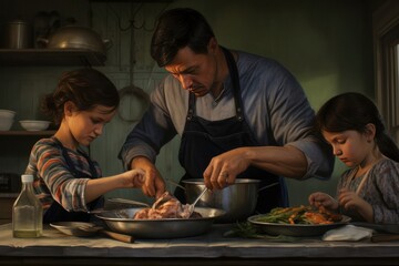 happy family in kitchen. Father and children daughters are cooking together